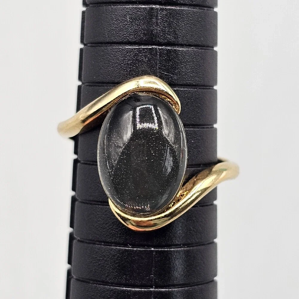 18k Yellow Gold Plated Smoky Quartz Ring Bypass Swoop Band Oval Cabochon Size 9 - Picture 8 of 10